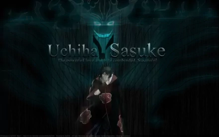 HD desktop wallpaper featuring Sasuke Uchiha from Naruto in front of his Susanoo. The dark background highlights the ominous aura of the character and his powerful summon. Text reads Uchiha Sasuke.