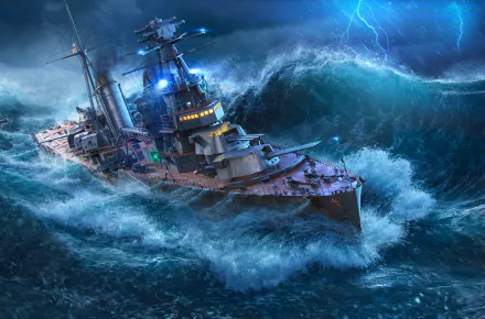 HD desktop wallpaper depicting a warship from the video game World of Warships, navigating through a stormy sea with dramatic lightning.
