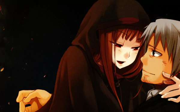 HD desktop wallpaper featuring Kraft Lawrence and Holo from the anime Spice and Wolf. Holo with red eyes and grey hair, in a coat with a hood, gazes at a smiling Kraft Lawrence.