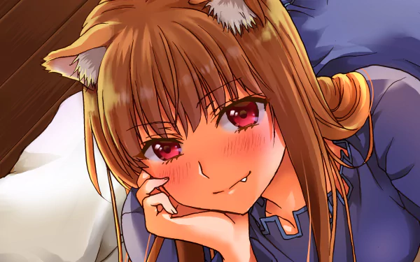 Close-up HD anime wallpaper of Holo from Spice & Wolf, featuring her red eyes, fox ears, and playful smile against a cozy indoor background.