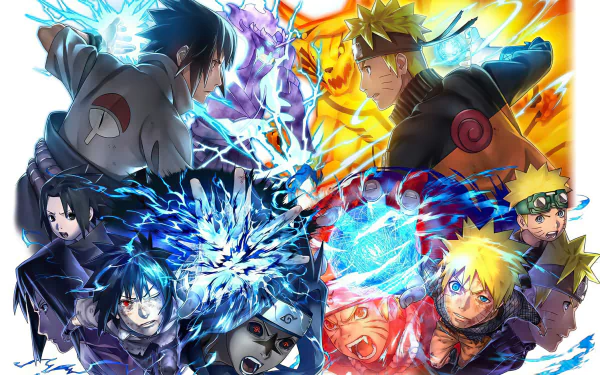 HD PC desktop wallpaper featuring Naruto Uzumaki and Sasuke Uchiha using Rasengan and Chidori techniques in vibrant, dynamic anime style from Naruto series.