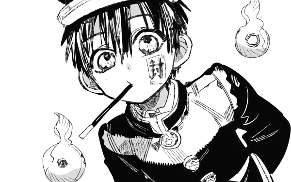 HD wallpaper of Hanako-kun from the anime Jibaku Shounen Hanako-kun, featuring a black-and-white illustration of the character with expressive eyes and spirit flames surrounding him.