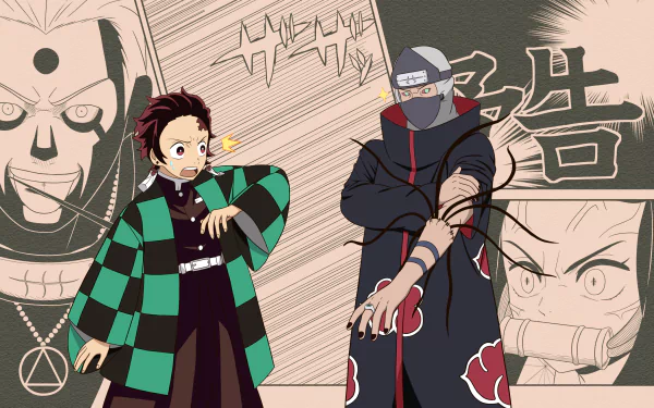 4K Ultra HD anime wallpaper featuring Nezuko and Tanjiro Kamado from Demon Slayer alongside Kakuzu and Hidan from Naruto in a dynamic crossover scene.