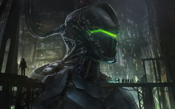 HD sci-fi desktop wallpaper featuring a detailed mech with glowing green visor in a dark, industrial environment, emphasizing futuristic technology and mechanical design.