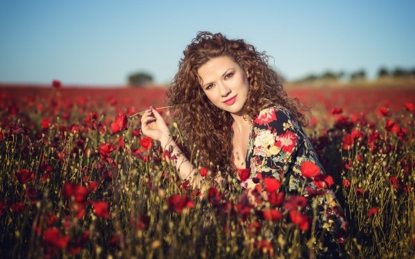 Women Model Brunette Poppy Summer Red Flower Lipstick Depth Of Field HD Wallpaper | Background Image