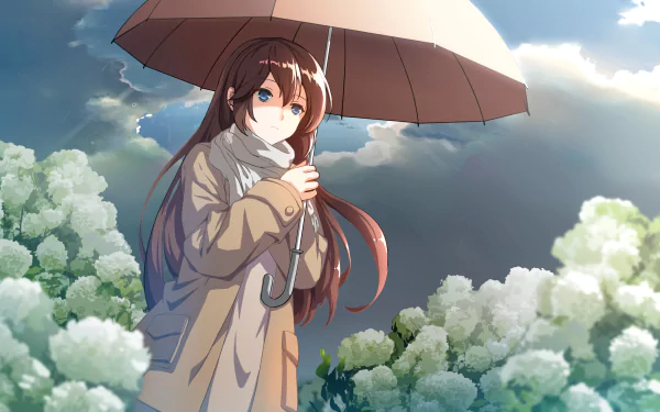 Anime girl with long hair holding an umbrella, standing amidst blossoming white flowers. Background features a cloudy sky. HD wallpaper and background image.