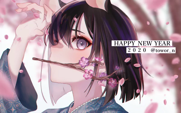 Anime-style 4K Ultra HD wallpaper featuring a character with purple eyes holding a cherry blossom branch, surrounded by soft pink petals in an original art design.