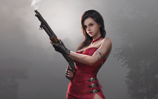 Fantasy Women Warrior Red Dress Gun HD Wallpaper | Background Image