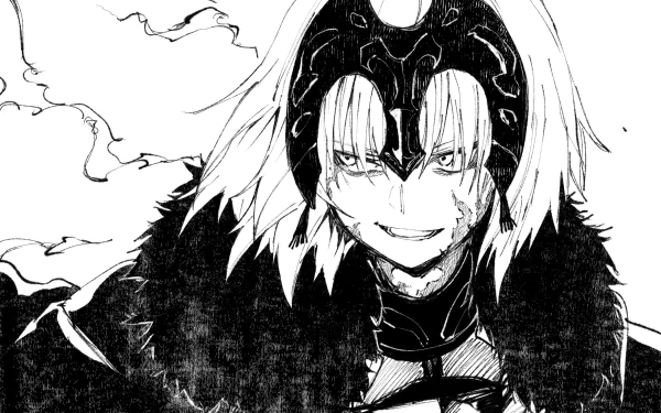 Black and white sketch of Jeanne d'Arc Alter, Avenger from Fate/Grand Order, featuring short hair and a prominent scar, designed as a HD PC desktop wallpaper.