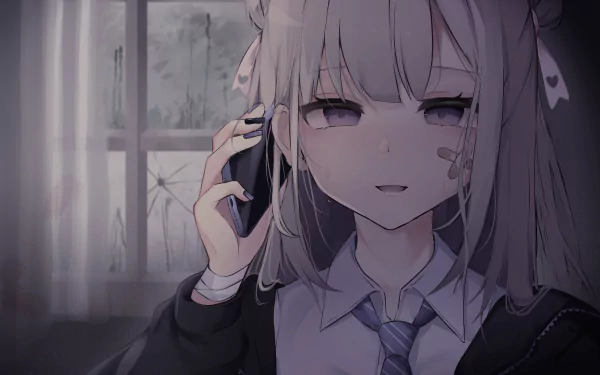 Anime-style HD desktop wallpaper featuring a girl with purple eyes holding a phone, set against a softly lit background.