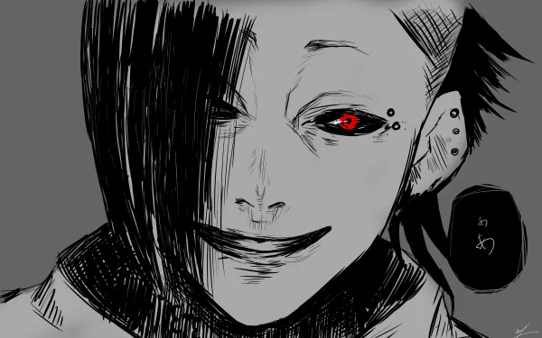 HD PC desktop wallpaper of Uta from Tokyo Ghoul:re, featuring a close-up of his distinctive masked face with red eyes in a monochrome anime style.