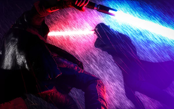 Epic 4K Ultra HD wallpaper from Star Wars Jedi: Fallen Order video game, featuring an intense lightsaber duel in the rain with vibrant red and blue blades.