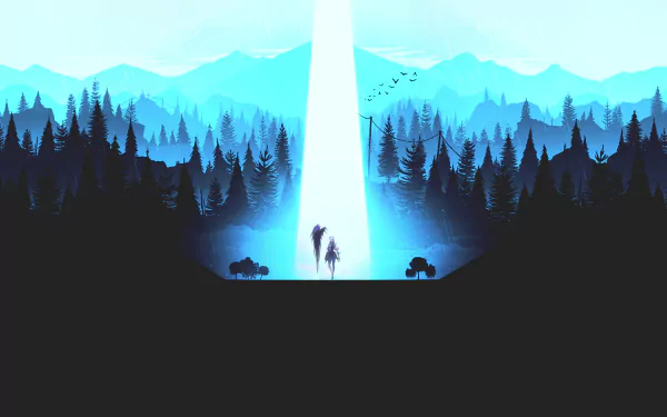 HD PC desktop wallpaper of Selena (Mobile Legends) from the video game Mobile Legends: Bang Bang — silhouetted figure before a radiant beam amid misty pine forests and distant mountains.