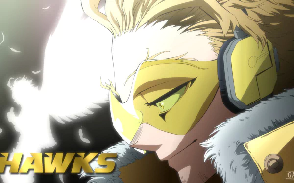 2K Quad HD PC wallpaper of Hawks from My Hero Academia: close-up profile with yellow mask and headset, windswept blond hair, white feathers and HAWKS logo.