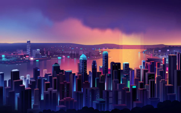Artistic 4K Ultra HD cityscape wallpaper featuring a vibrant skyline at dusk with glowing buildings and a colorful sky over water.