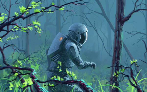HD desktop wallpaper featuring an astronaut exploring a foggy, alien forest with vibrant greenery.