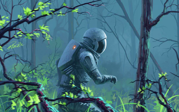 An astronaut explores a dense, vividly colored alien forest in this HD sci-fi desktop wallpaper. The image captures a futuristic, surreal atmosphere with detailed foliage and a misty, otherworldly background.
