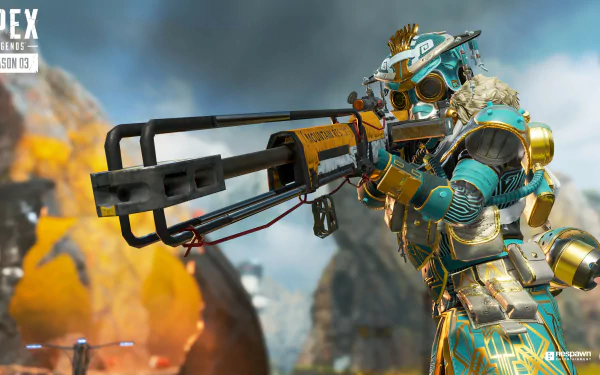 A detailed 4K Ultra HD desktop wallpaper featuring a character from the video game Apex Legends aiming a weapon in a dynamic outdoor setting.