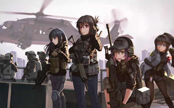 Anime-styled military scene featuring armed characters in tactical gear with a helicopter in the background. HD desktop wallpaper.
