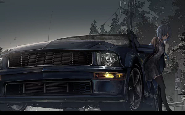 HD anime desktop wallpaper featuring a sleek dark car with a blue-haired anime character leaning against it in a moody, forested nighttime setting.