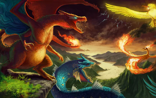 HD PC desktop wallpaper featuring fiery Charizard, legendary Moltres, Articuno, Zapdos, and aquatic Gyarados battling alongside Pokemon like Beedrill, Raichu, Venusaur, and Mewtwo.