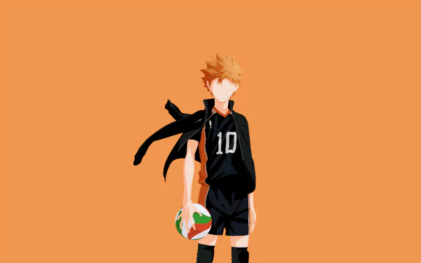 HD desktop wallpaper featuring Shōyō Hinata from the anime Haikyū!!. Hinata stands in an orange background wearing his black volleyball uniform and holding a volleyball.