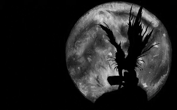 HD desktop wallpaper of an eerie silhouette from Death Note, depicting a character with outstretched wings against a full moon background.