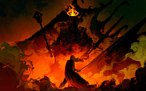 HD fantasy desktop wallpaper depicting the Witch-king of Angmar looming over Éowyn in a fiery, intense scene from The Lord of the Rings.