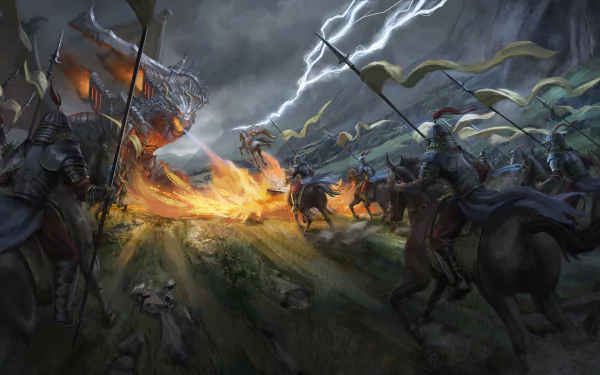 A fiery battle unfolds between armored fantasy warriors on horseback and a massive fire-breathing dragon under a stormy sky in this 4K Ultra HD fantasy wallpaper.