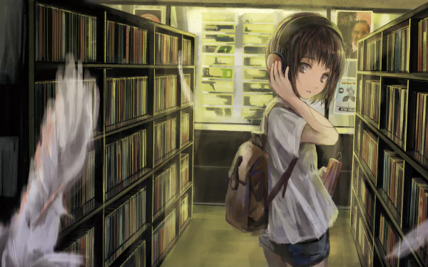 Anime-style 4K Ultra HD desktop wallpaper featuring an original character with short black hair in a library aisle, wearing headphones and carrying a backpack.