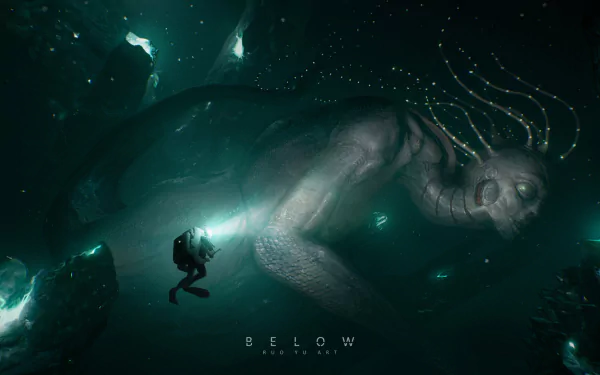 A diver explores underwater alongside a massive, glowing sea monster with braided hair in this dark fantasy HD PC desktop wallpaper.
