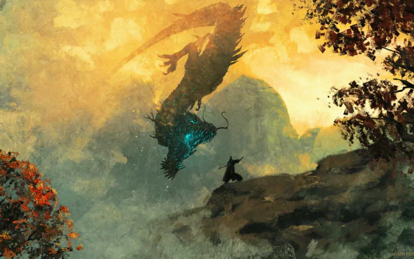 HD desktop wallpaper featuring a dramatic dragon and Sekiro character from the video game Sekiro: Shadows Die Twice in a misty, atmospheric landscape.