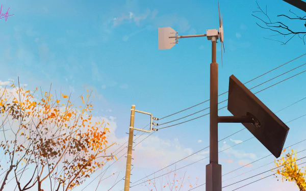 4K Ultra HD anime-style autumn sky with clear blue backdrop, power lines, and fall foliage, creating a serene and original seasonal PC desktop wallpaper.