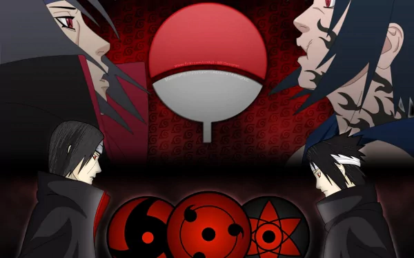 HD wallpaper featuring Itachi and Sasuke Uchiha from the anime Naruto, showcasing their intense confrontation with iconic symbols in the background.