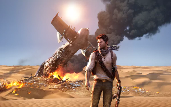 HD desktop wallpaper featuring Nathan Drake from Uncharted 3: Drake's Deception, standing in a desert with a burning plane wreckage in the background.