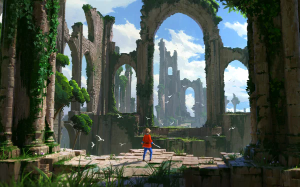HD desktop wallpaper featuring a fantasy scene of a person in a red cloak standing among ancient ruins, lush with greenery under a clear sky.