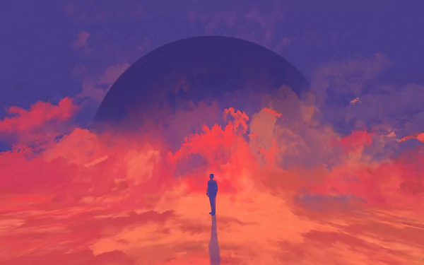 A lone figure stands amid vibrant pink and purple clouds beneath a massive planet rising on a Sci-Fi 4K Ultra HD desktop wallpaper.