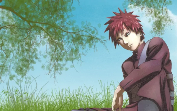 Gaara from Naruto sits thoughtfully in a grassy field under a bright blue sky, captured in vibrant HD quality as a striking anime wallpaper.