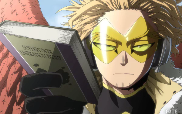 HD anime wallpaper featuring Keigo Takami, also known as Hawks from My Hero Academia, holding a book with his red wings visible in the background.