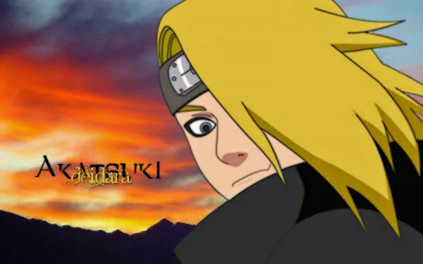 An HD desktop wallpaper featuring Deidara from Naruto, set against a dramatic sunset background with the word Akatsuki prominently displayed.