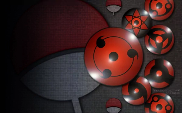HD desktop wallpaper featuring multiple red and black Mangekyō Sharingan designs from the Naruto anime, set against a dark background.
