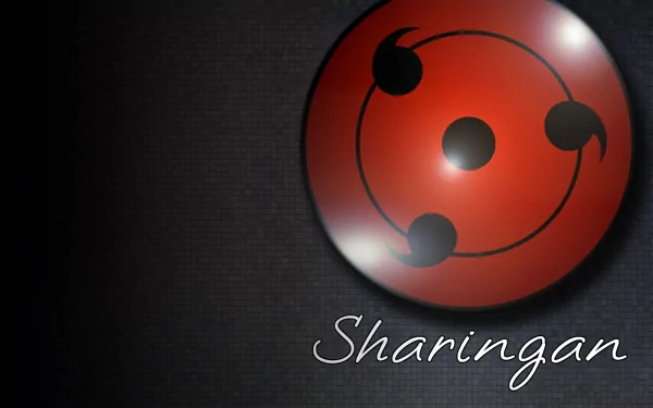 HD desktop wallpaper featuring the Sharingan symbol from the anime Naruto, with a dark background and Sharingan text at the bottom right corner.