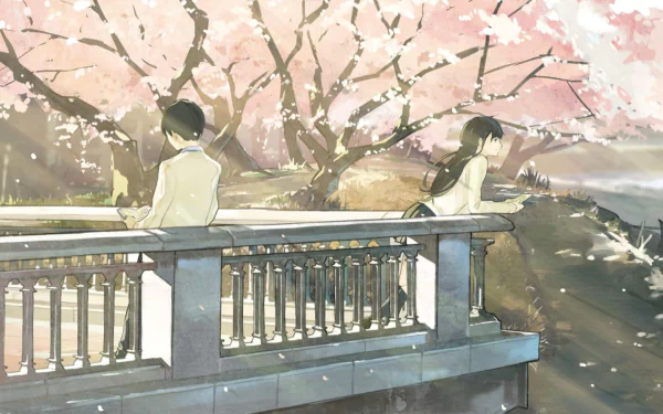 HD anime wallpaper featuring Haruki Shiga and Sakura Yamauchi under blooming cherry blossoms from I Want To Eat Your Pancreas, with soft pastel tones and a serene atmosphere.
