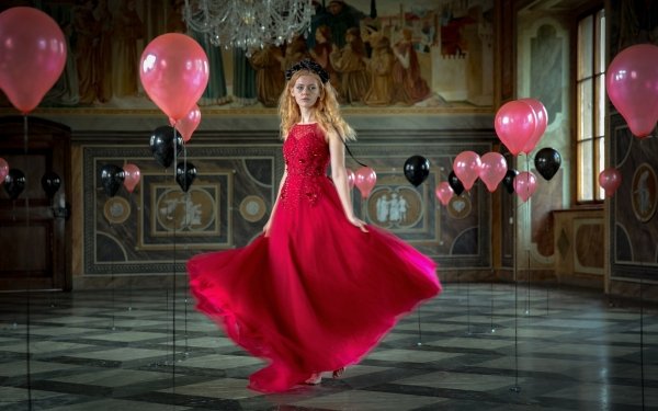 Women Model Red Dress Redhead Balloon HD Wallpaper | Background Image