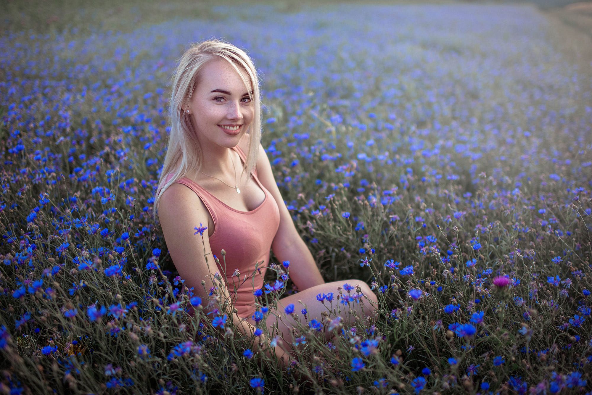 Download Blue Flower Smile Blonde Woman Model HD Wallpaper by Jiri Tulach