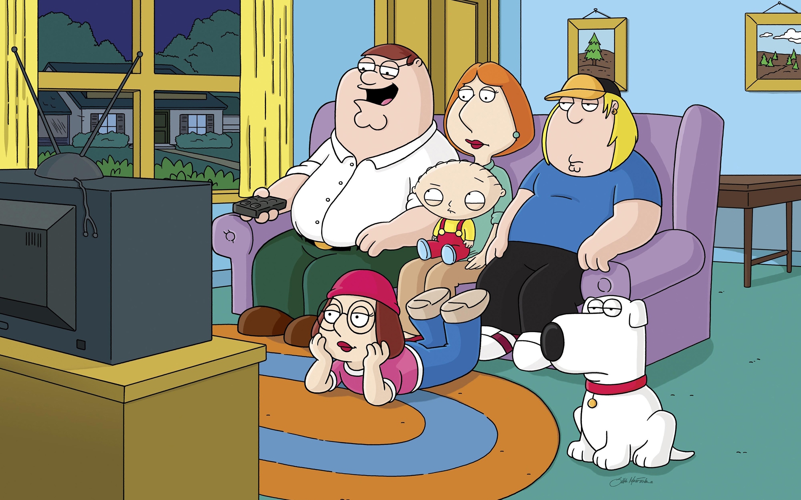 Family Guy characters Stewie, Brian, Peter, Lois, Chris, and Meg pose in a TV show-inspired desktop wallpaper.