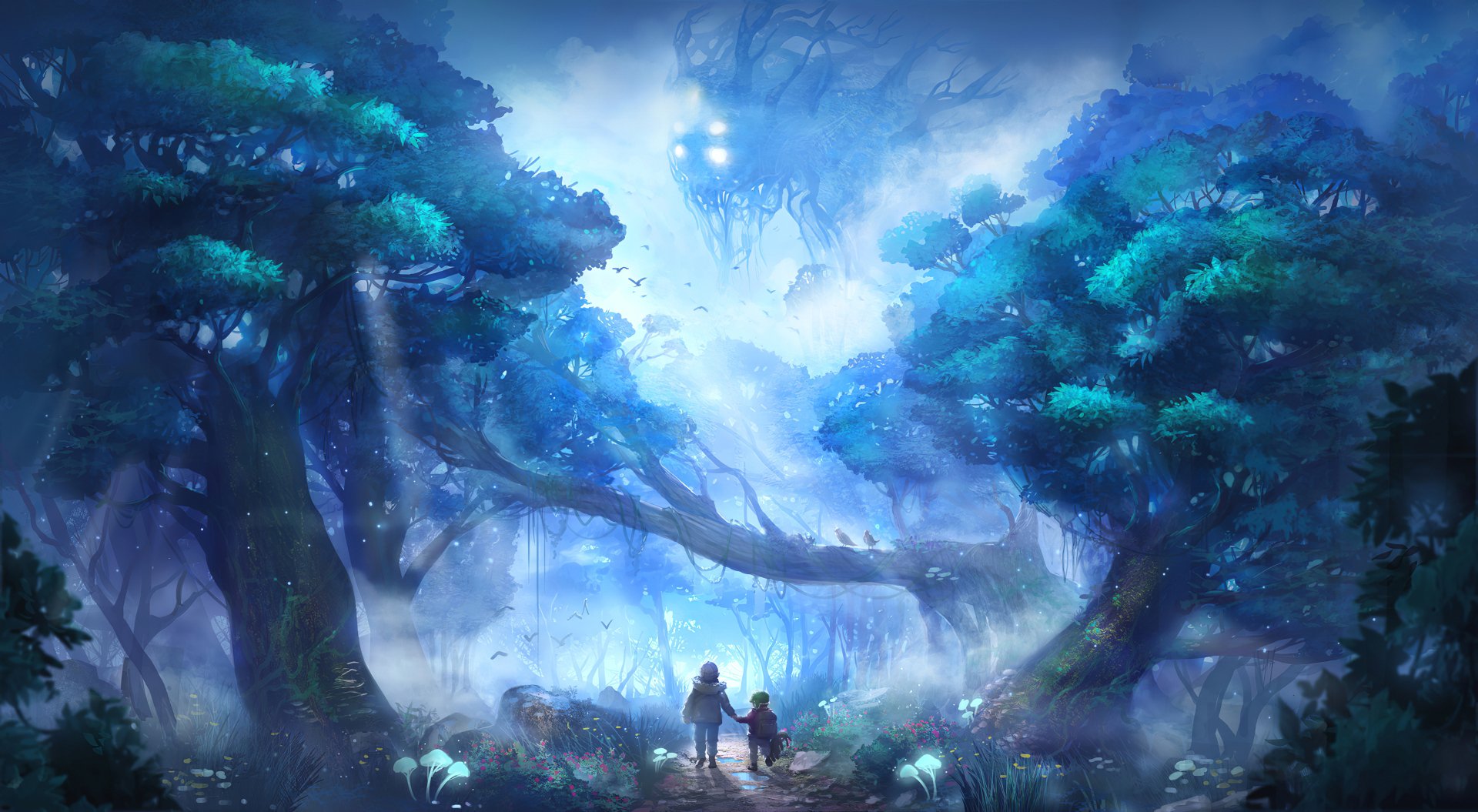 HD fantasy forest wallpaper showing a child holding hands with an adult, surrounded by glowing trees and mist in a mystical, enchanted woodland setting.