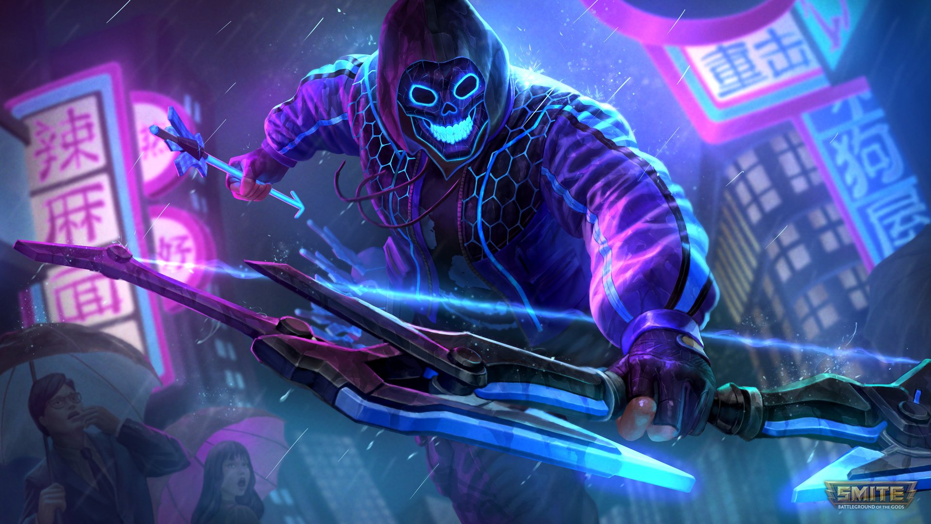 A neon-lit, futuristic character from the video game Smite, wielding a glowing weapon in a dynamic pose, showcased in 4K Ultra HD PC wallpaper quality.