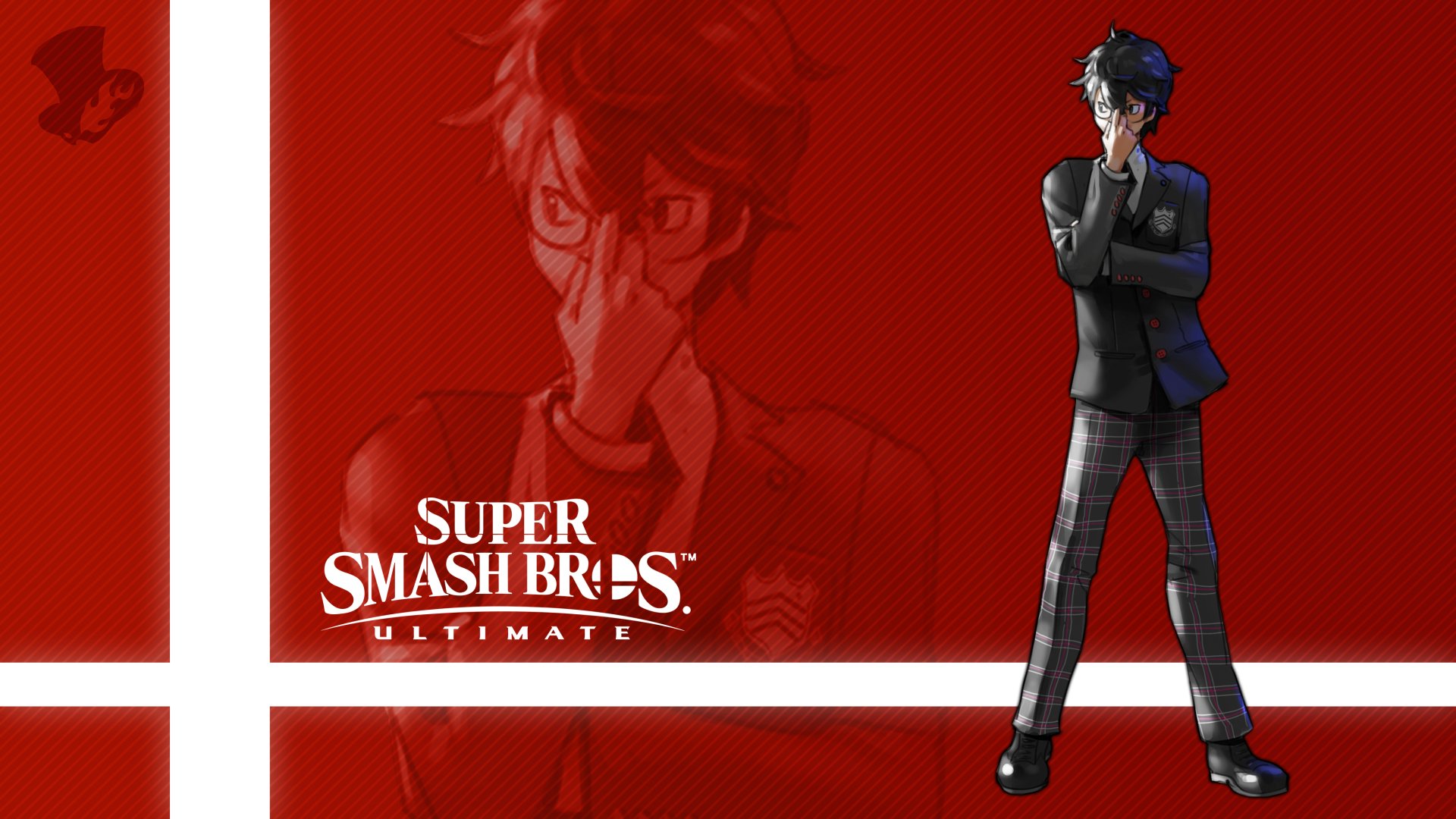 2K Quad HD PC wallpaper of Joker (Persona) / Akira Kurusu from the video game Super Smash Bros. Ultimate: full-body figure at right over a red background with the game's logo.