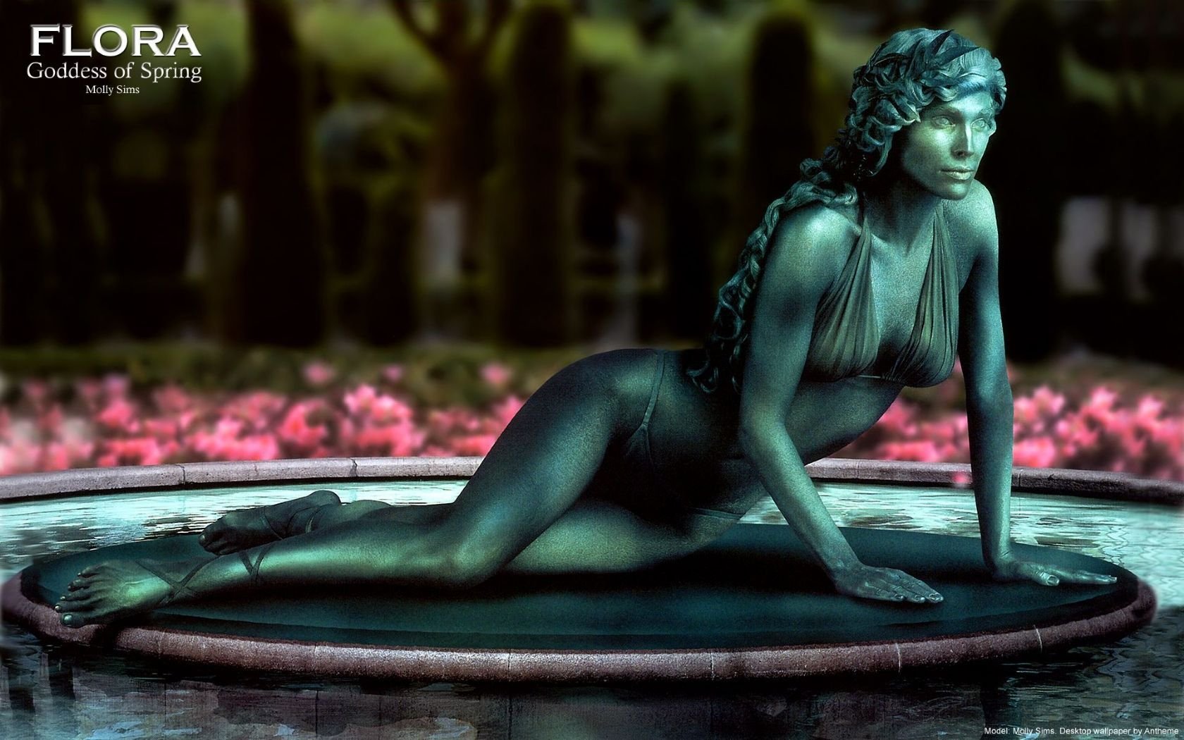 Artistic HD desktop wallpaper featuring a living statue of Molly Sims as Flora, the Goddess of Spring, captured in a serene garden setting.
